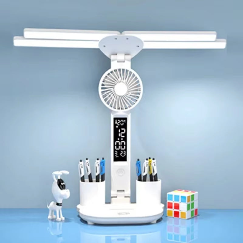 Multifunction 3 Color LED Table Lamp Four Headed Folding with Fan Clock Desk Lamp USB Charging Reading Night Light