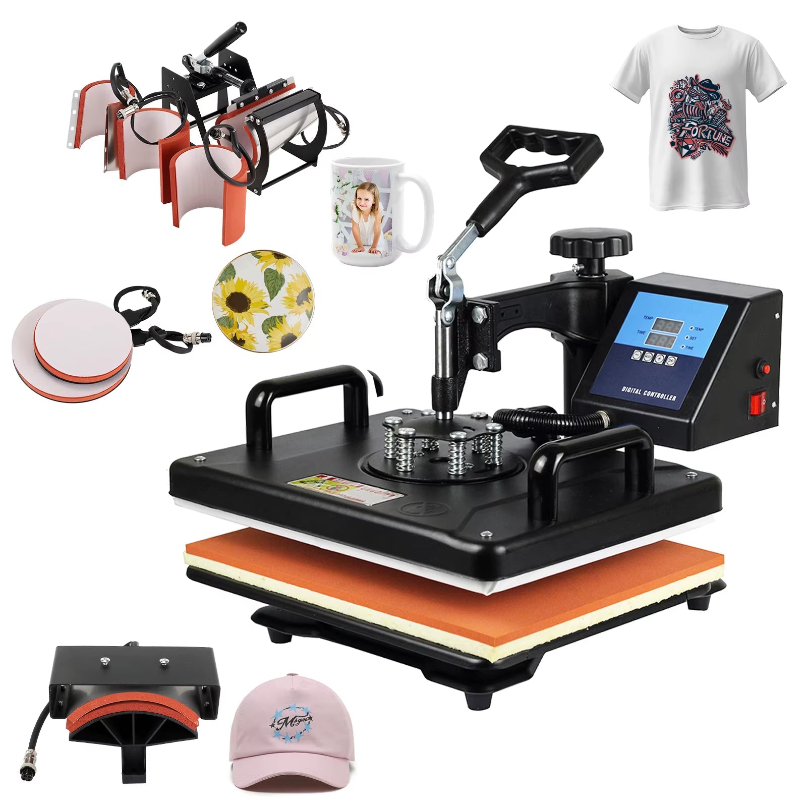 Cheap 30*38CM 8 in 1 Combo Heat Press Machine Sublimation Printer 2D Heat Transfer Machine for Cap Mug Plate Tshirts CE Approved