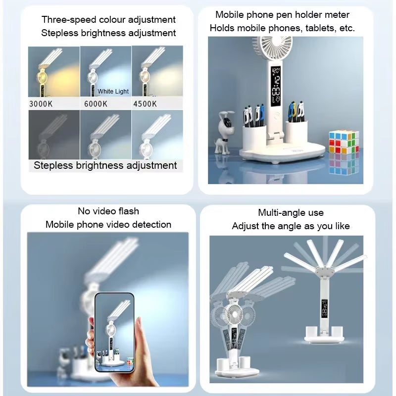 Multifunction 3 Color LED Table Lamp Four Headed Folding with Fan Clock Desk Lamp USB Charging Reading Night Light