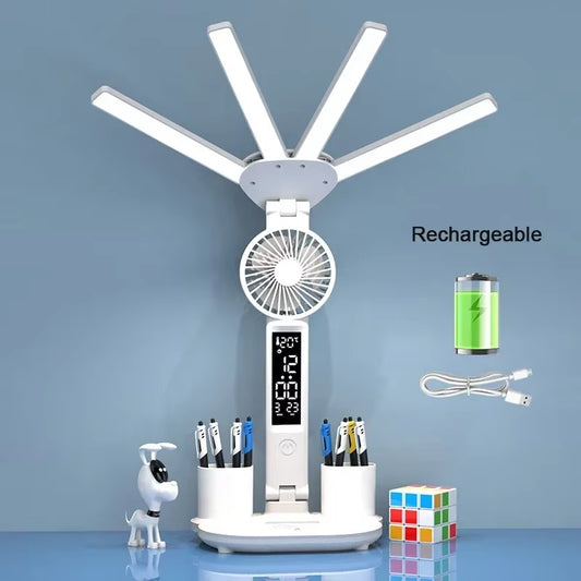 Multifunction 3 Color LED Table Lamp Four Headed Folding with Fan Clock Desk Lamp USB Charging Reading Night Light
