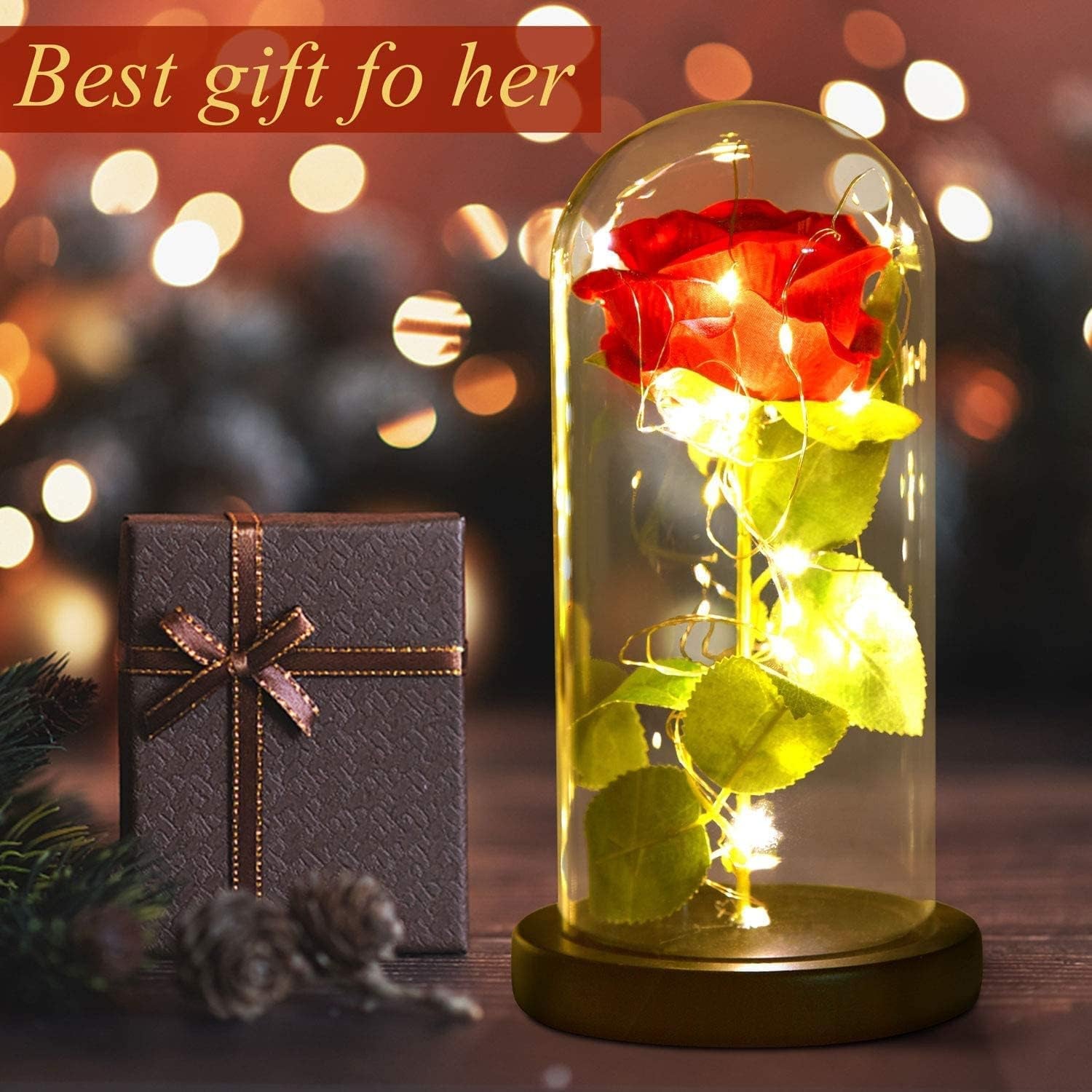 Rose Lamp - Red Glass Rose Light - Mother'S Day Gift for Women - Table Lamp with LED - Contemporary Style - Battery Operated - 10" H X 5.5" W X 5.5" D