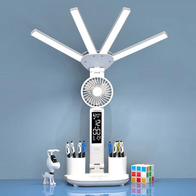 Multifunction 3 Color LED Table Lamp Four Headed Folding with Fan Clock Desk Lamp USB Charging Reading Night Light