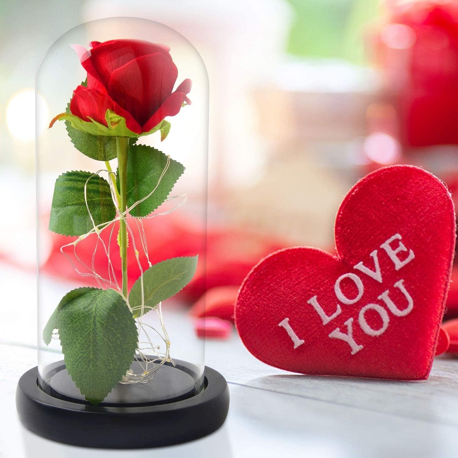 Rose Lamp - Red Glass Rose Light - Mother'S Day Gift for Women - Table Lamp with LED - Contemporary Style - Battery Operated - 10" H X 5.5" W X 5.5" D