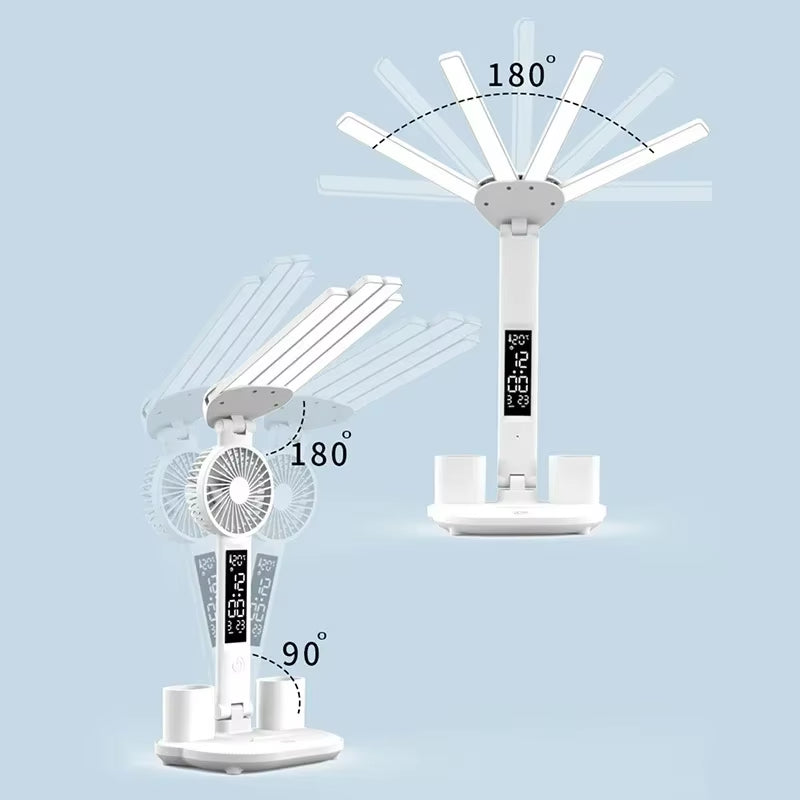 Multifunction 3 Color LED Table Lamp Four Headed Folding with Fan Clock Desk Lamp USB Charging Reading Night Light