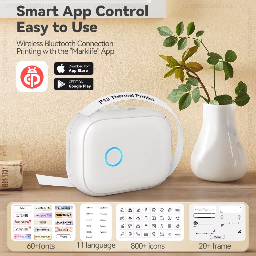 No Ink Label Printer P12 Bluetooth Thermal Printer Portable Adhesive Name Sticker Printer Mini Labeling Machine or 1PK Label