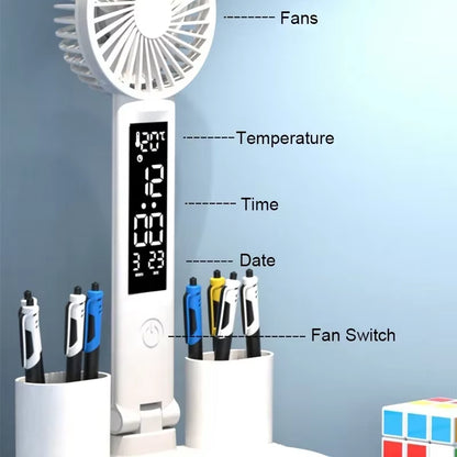 Multifunction 3 Color LED Table Lamp Four Headed Folding with Fan Clock Desk Lamp USB Charging Reading Night Light