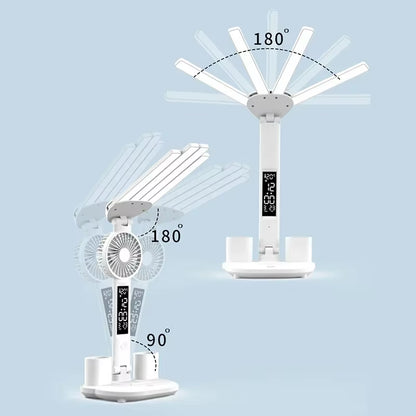 Multifunction 3 Color LED Table Lamp Four Headed Folding with Fan Clock Desk Lamp USB Charging Reading Night Light